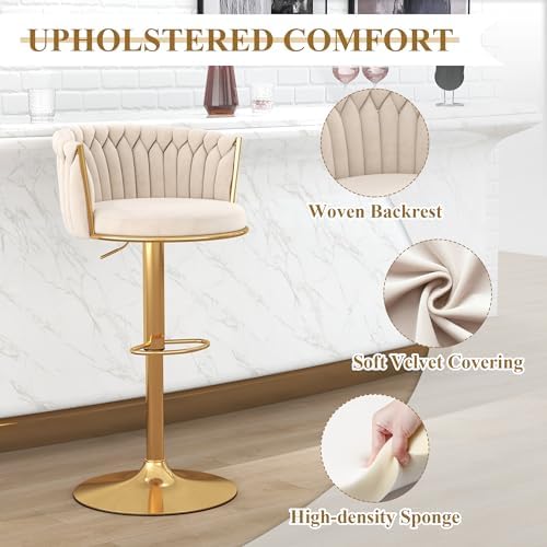 ABET Beige Gold Bar Stool Set of 2, Adjustable Height with Woven Backrest
