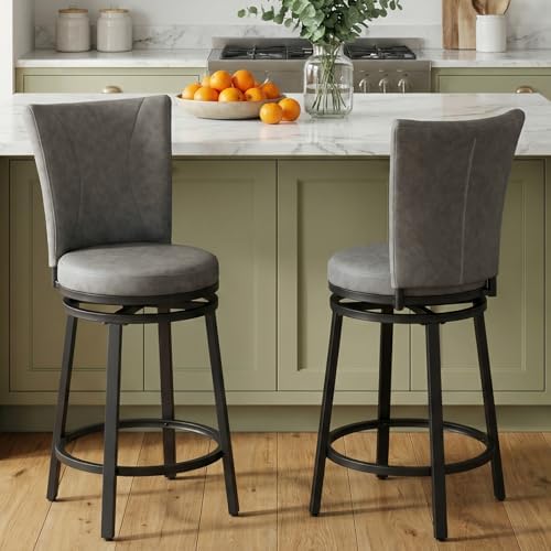 Bar Stools Set of 2, PU Leather Upholstered Swivel Barstool, 24″ Counter Heig...