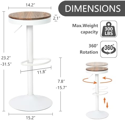 Kidol & Shellder Bar Stools Set of 2 White Round Adjustable Swivel Barsto...