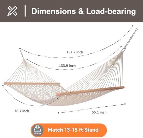 SUNCREAT Traditional Rope Double Hammock, 450 lbs Capacity, Natural