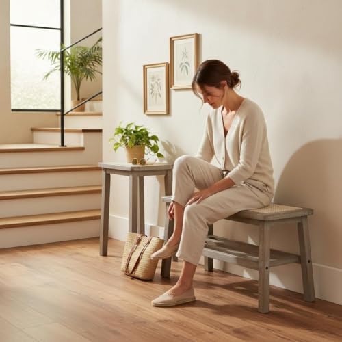 ROCITY 30 Inch Rattan Bench Wooden Entryway Bench with Shoe Rack