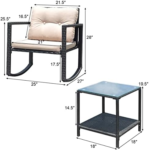 HAPPYGRILL 3-Piece Rocking Bistro Set Outdoor Patio Rocking Chairs with Coffe...