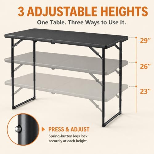 4FT Folding Table 3 Levels Adjustable Height, Heavy Duty Fold-in-Half Portabl...