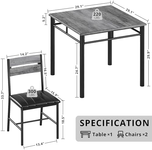 IRONCK Dining Table Set for 2, Gray