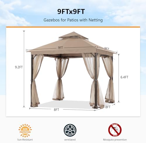 ABCCANOPY Outdoor Patio Gazebo 9x9 with Mosquito Netting, Khaki