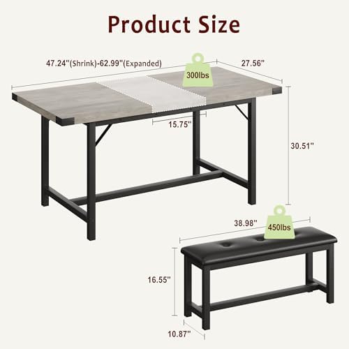 Garvee 63 in Extendable Dining Table Set for 4-6 People, 3-Piece Kitchen Tabl...
