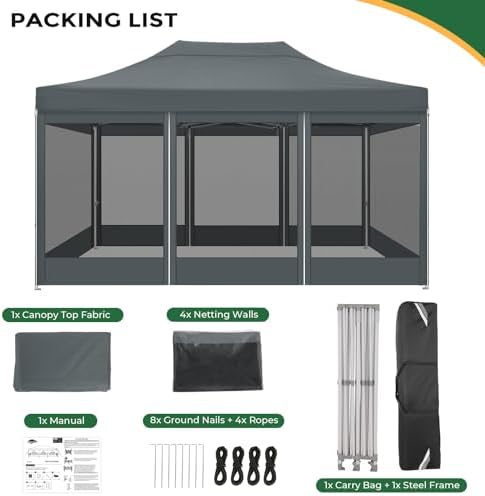 COBIZI 10x15 Heavy Duty Pop Up Canopy with 4 Mosquito Net Sidewalls, Gray
