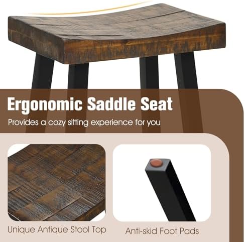 ERGOMASTER Wooden Backless Saddle Barstools Set of 2, 29-inch Bar Height Rust...