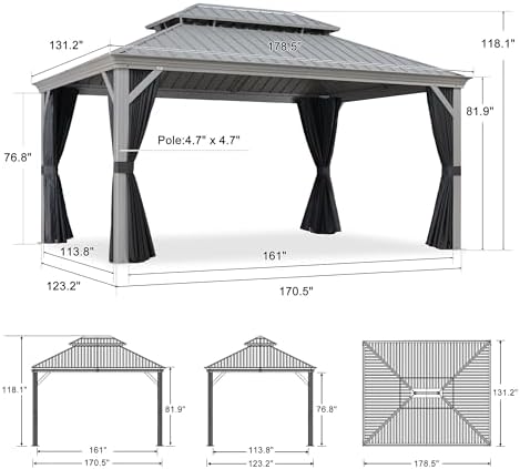 PURPLE LEAF Outdoor Gazebo 11' x 15' Hardtop Gazebo, Hidden Drainage ...