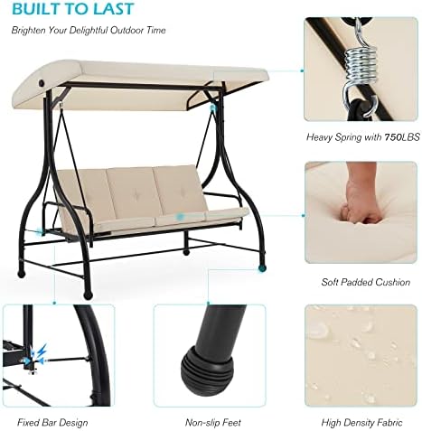AECOJOY 3-Seat Outdoor Patio Swing With Canopy, Converting Porch Hammock, Adj...
