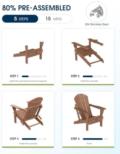 MUCHENGHY Folding Adirondack Chairs Set of 2, HDPE Patio Chair, Teak