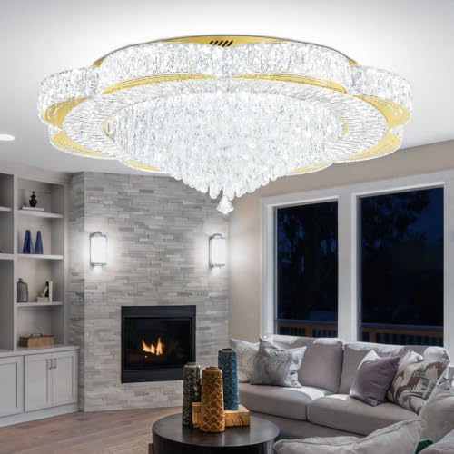 Modern Crystal Chandelier for Living Room 40in Gold Crystal Raindrop Ceiling ...