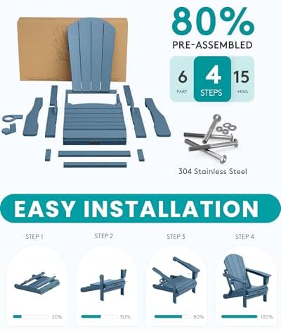 SERWALL Folding Adirondack Chair Set of 2 with Cup Holder for Fire Pit-Blue