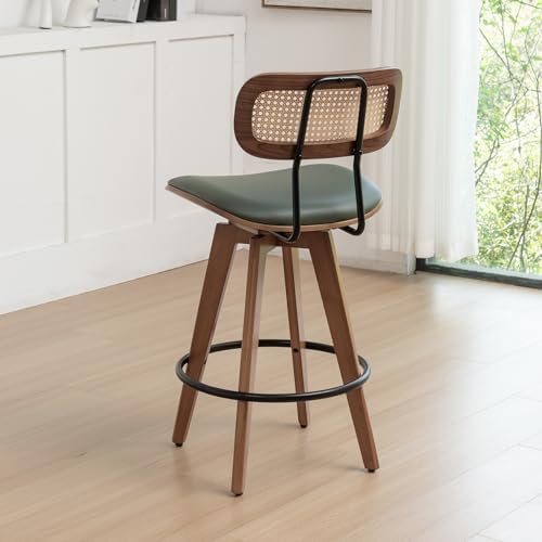 26" Rattan Bar Stools Set of 2,Faux Leather Counter Height Swivel Barsto...