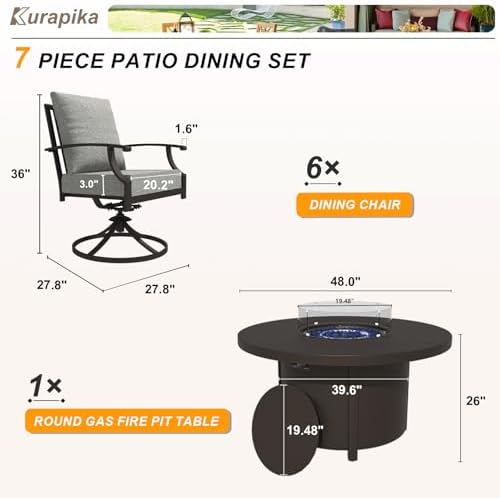 Kurapika 7 Piece Metal Moden Outdoor Patio Furniture Set with Round Fire Pit ...