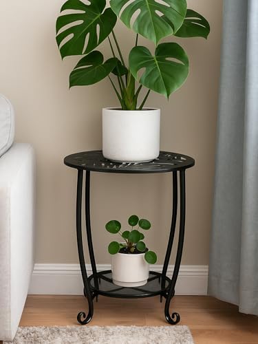 2-Tier Metal Round Side Table Set of Two Black Accent Coffee Tables Small Spa...