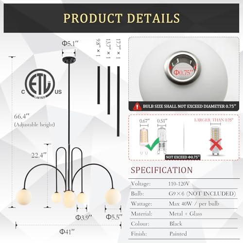 CATINER Modern 40" 6-Light Black Sputnik Chandelier with Milk Glass Globe