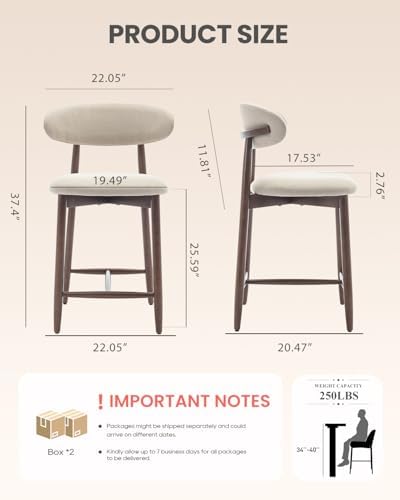 Bar Stools Set of 2, 25.6″ Counter Height Bar Stools with Wood Legs