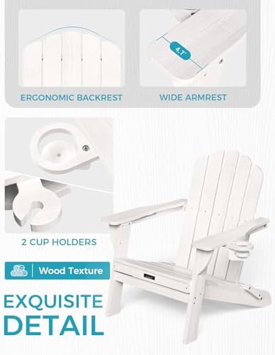 Folding Adirondack Chair, All-Weather HDPE Patio Chair with 2 Cup Holders