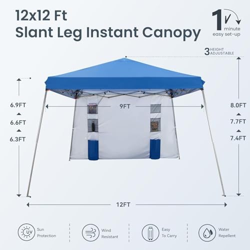 PHI VILLA 12x12 Pop Up Canopy Tent with Sidewall, Slant Leg Sun Shade