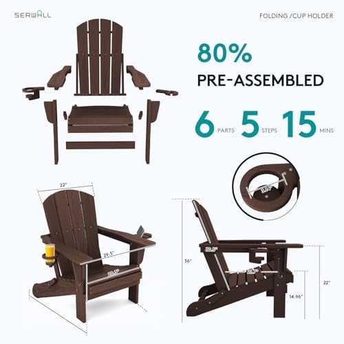 SERWALL Outdoor Adirondack Chair Set of 4 with Cup Holders,Foldable,Coffee