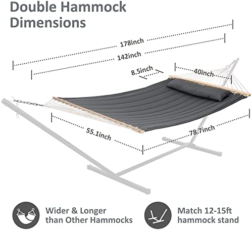 SUNCREAT Double Hammock with Wooden Stand, Dark Gray