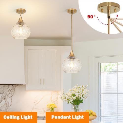 DSMJFU Gold Vintage Glass Pendant Lights for Kitchen Island, Sink Set of 2