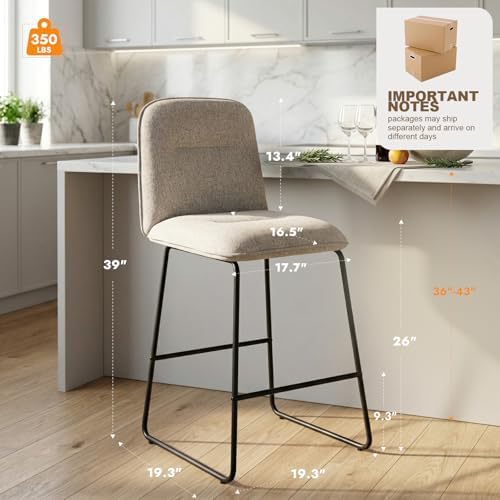Bar Stools Set of 2, 26" Counter Height Bar Stools with Back, Modern Lin...