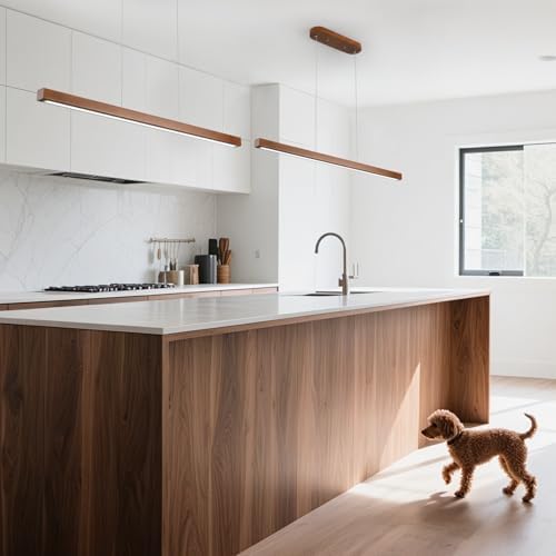 31 Inch Wood Linear Pendant Light Dimmable LED Kitchen Island Lighting with R...