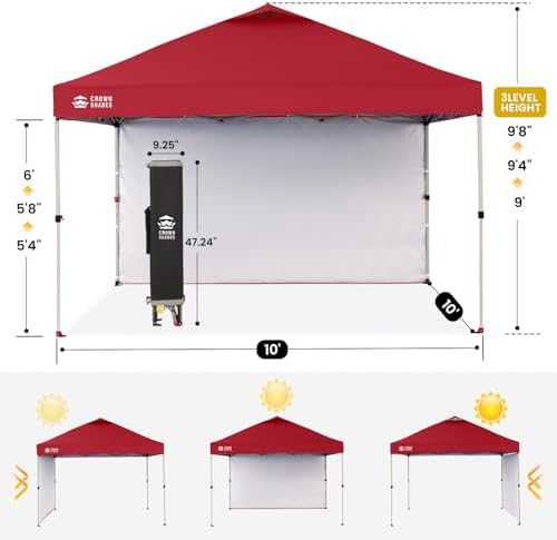 CROWN SHADES 10x10 Pop Up Canopy with 1 Side Wall, Beach Canopy Tent, Red