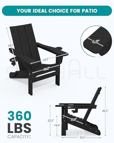 SERWALL Modern Folding Adirondack Chairs Set of 2, HDPE, Cup Holders, Black