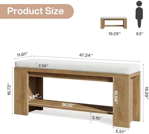 Tribesigns Upholstered Entryway Bench, 47-Inch Long Farmhouse End of Bed Benc...
