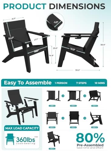 SERWALL Modern Adirondack Chair Set of 2, Cup‑Holder,Solid Backrest, Black