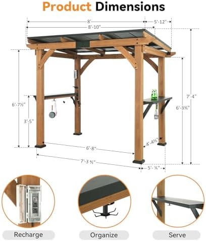 Modern Shade Wood Grill Gazebo 6x8 with USB Charging Power Strip & Shelves