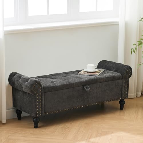 51" Storage Bench for Bedroom, Upholstered Ottoman Bench, Chenille DarkGray