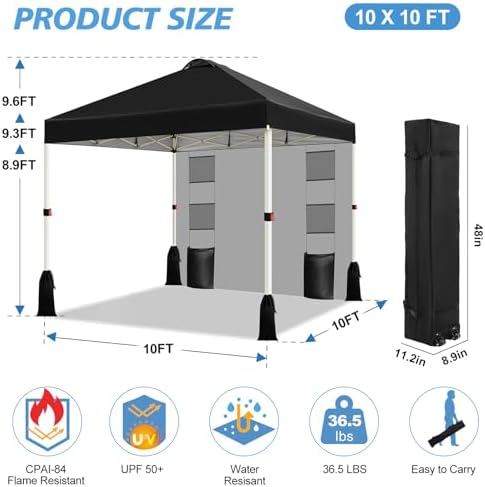 WEIZE 10x10 Pop Up Canopy Tent, 1-Button Push Setup Canopy Tent with 1 Sidewa...