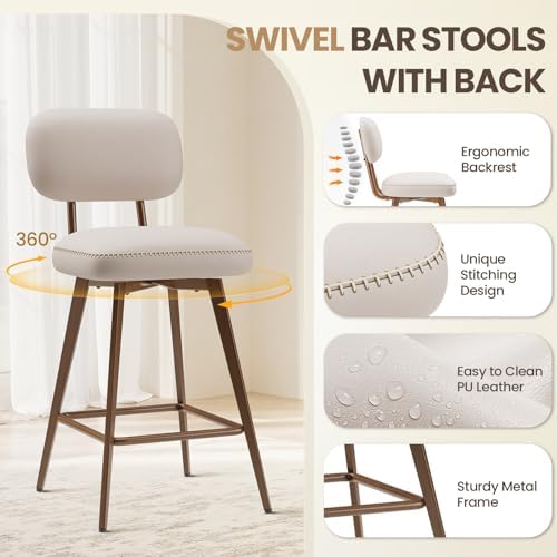 MALOL 26“ Mid Century Leather Swivel Bar Stools Set of 2, Beige