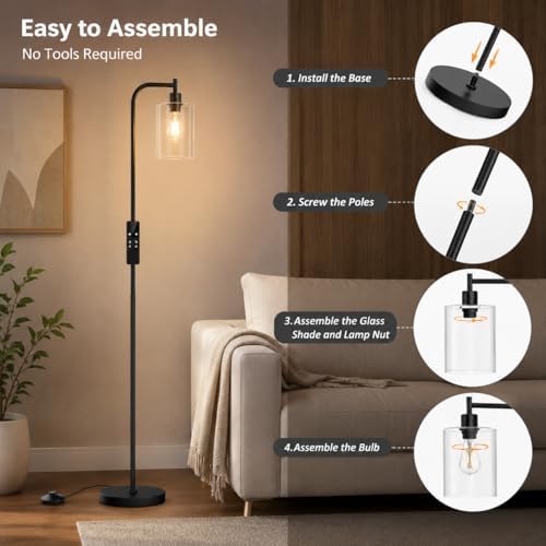 Wio-Mio Industrial Floor Lamp with Glass Shade, LED Bulbs Included
