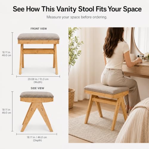 BAMBOOHOMIE Square Foot Stool Ottoman, Large Vanity Stool with Thickened Bamb...