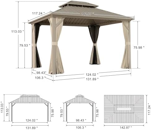 PURPLE LEAF Outdoor Hardtop Gazebo 10' x 12' Champagne Aluminum Struc...
