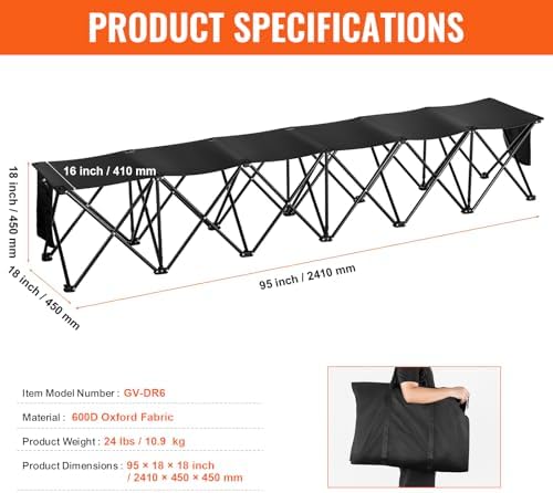VEVOR Portable Folding Bench, 6 Seats Foldable Sideline Bench, Outdoor Campin...