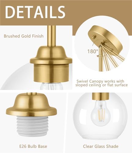 Gold Pendant Light Fixtures 2 Pack, Globe Pendant Lights with Clear Glass Sha...