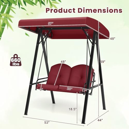 Tangkula 2 Person Porch Swing, Patio Swing with Adjustable Canopy, Heavy-Duty...