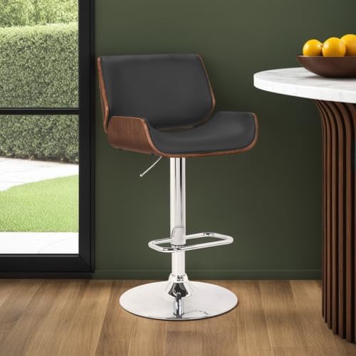 Armen Living London Modern Adjustable Height Swivel Black Faux Leather and Wa...