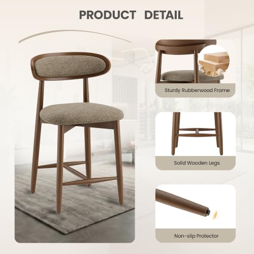 Wooden Bar Stools Set of 2, 24.8” Counter Height Stools with Rubberwood Legs ...