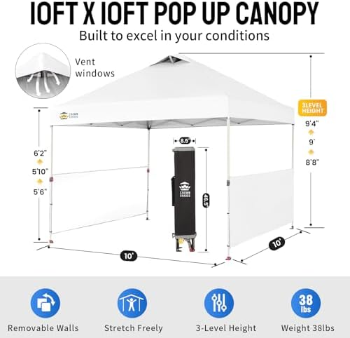 CROWN SHADES 10x10 Pop up Canopy Tent with 2 Half Sidewalls, Grid White