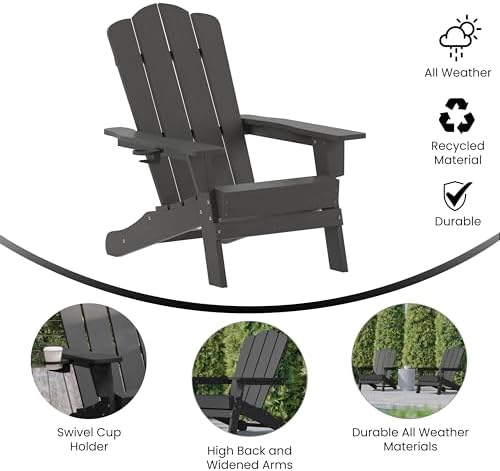 Flash Furniture Newport Adirondack Chair with Cup Holder, Weather Resistant P...