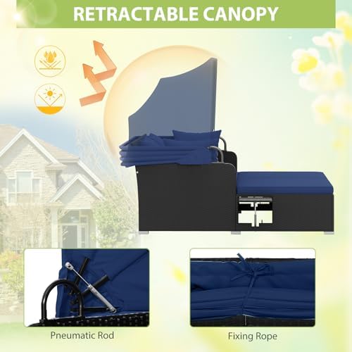 ORALNER Outdoor Daybed, 2-Person Wicker Patio Sofa with Retractable Canopy, C...