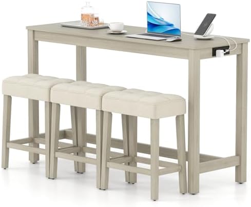 Giantex 4-Pieces Bar Table Set with Charging Station, 59-inches Dinner Tables...