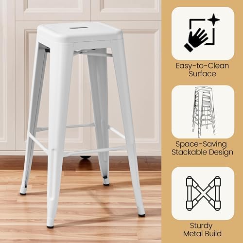 Yaheetech 30 Inch Metal Bar Stools Set of 4, Stackable Barstools, White